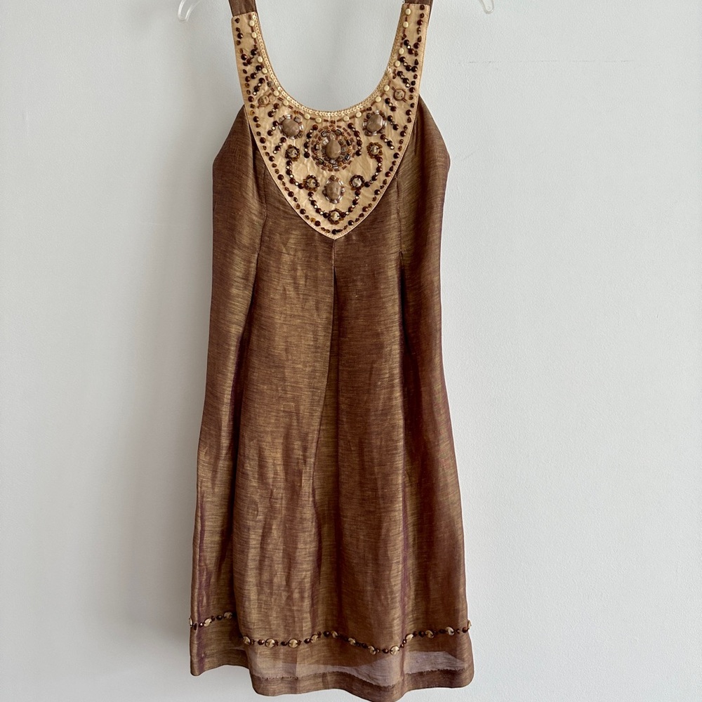 Sue Wong Brown and Gold Beaded Mini Dress